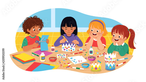 Foto Creative Craft Time: A group of diverse children are focused on craft, enjoying a creative arts session, their faces beaming with joy