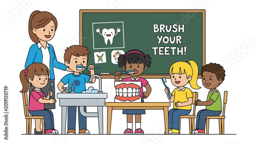 Brushing Basics: A friendly educator guides a group of young learners in mastering the art of oral hygiene, promoting healthy habits and bright smiles.