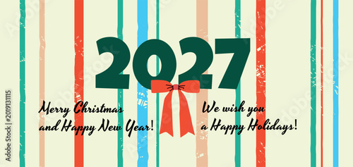 Quadro su tela Happy New Year 2027 and Merry Christmas greeting banner with bold typography and a red bow on a striped grunge background