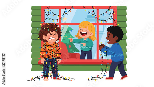 Εκτύπωση καμβά Christmas Light Chaos: A humorous scene unfolds as one child gets hilariously tangled in festive lights, while two other children react with laughter and mischief