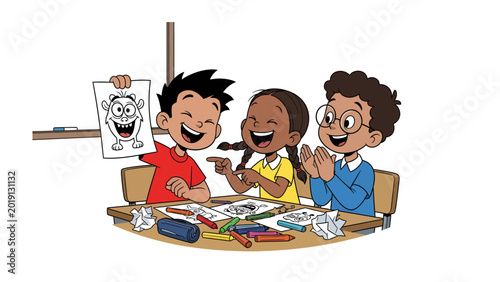 Canvastavla Creative Showcase: A young artist proudly displays his artwork, eliciting laughter and appreciation from his delighted classmates, in a vibrant classroom setting