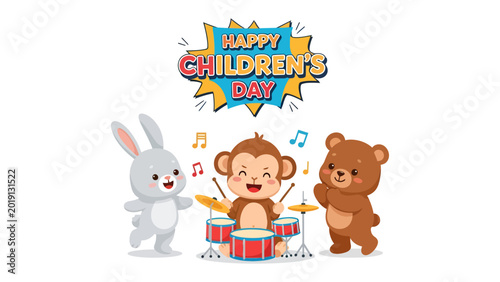 Canvas Print Children's Day Harmony: Adorable cartoon animals celebrate Children's Day with musical joy, showcasing a playful and heartwarming scene filled with fun and melodies