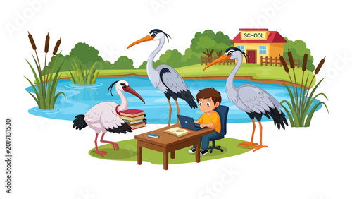 Quadro su tela The Student's Companions: A curious scene unfolds as a young student diligently works on a laptop, surrounded by attentive storks, against the backdrop of a serene pond and schoolhouse