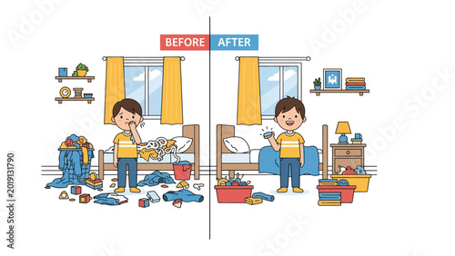 Photos Clean Up Transformation: A side-by-side illustration vividly captures the powerful change of organization, with a child and his bedroom before and after tidying up
