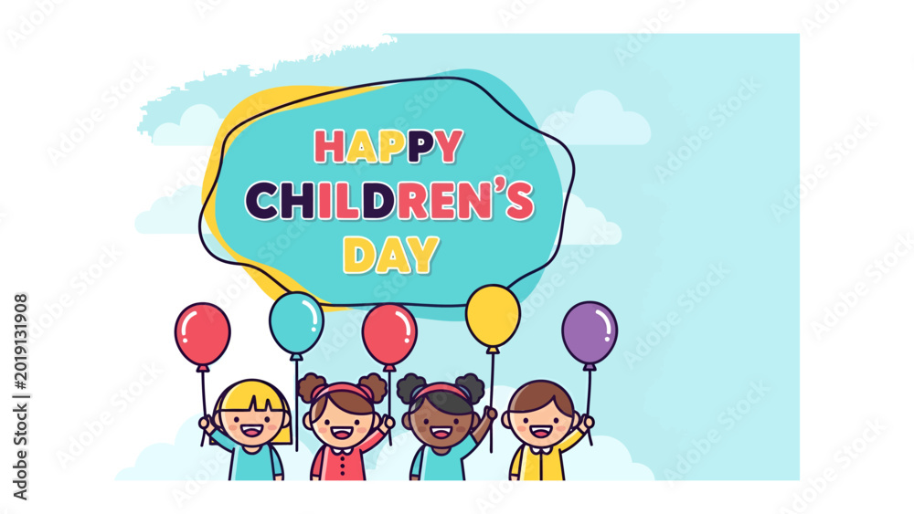 Naklejka premium Joyful Celebration: Happy Children's Day - A vibrant illustration featuring diverse children holding balloons, against a cheerful backdrop. It celebrates innocence, joy.