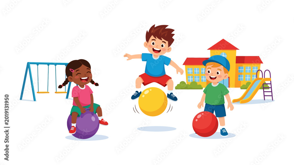 Αυτοκόλλητο Playful Joy: Children joyfully engage in outdoor activities, riding bouncy balls and enjoying playtime in a vibrant playground, capturing the essence of childhood