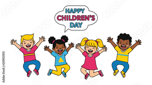 Photos Children's Day Joy: A vibrant illustration capturing the ebullience of Children's Day, showcasing diverse children jumping and reveling in the festivities