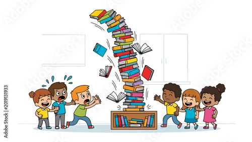 Obraz na plátně Book Avalanche: A whimsical illustration of children reacting to an avalanche of books tumbling from a shelf, filled with dynamic action and playful expressions