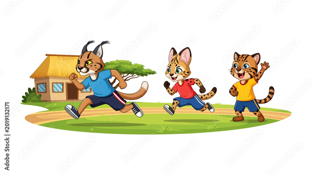 Obraz premium Feline Dash: A spirited cartoon depicts a trio of animated felines in a vibrant race, exuding energy and fun.