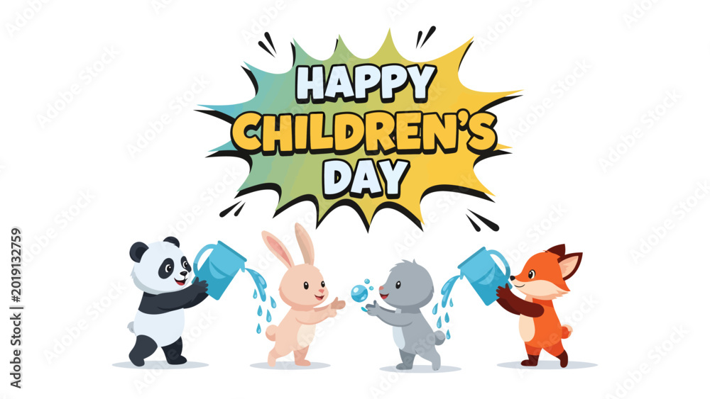Fototapeta premium Happy Children's Day Celebration: A joyful illustration for celebrating Children's Day. It captures the essence of childhood with playful animals.
