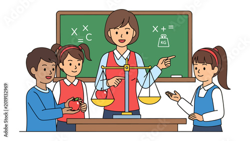 Konstfotografi Classroom Balance: A supportive educator guides her eager pupils through a hands-on weight balance lesson, emphasizing the principles of mathematics