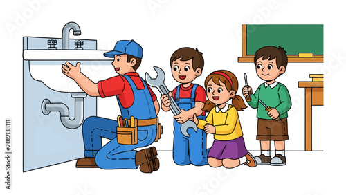 Canvastavla Handyman teaching: A skilled handyman demonstrating plumbing basics to eager children in a classroom, fostering curiosity and practical knowledge