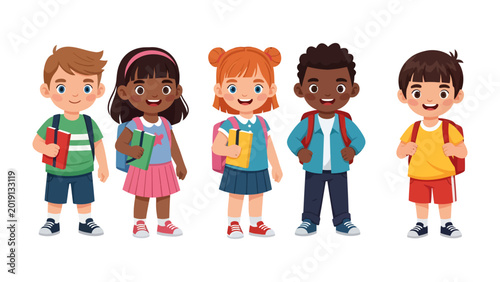 Canvastavla Eager School Starters: A delightful collection of diverse young scholars stand ready, backpacks packed, books in hand, symbolizing the excitement and anticipation of a new academic year