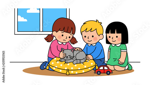 Foto Children and Cat Interaction: Captivating scene of children interacting tenderly with a sleeping cat on a comfy yellow cushion, bathed in natural light near the window