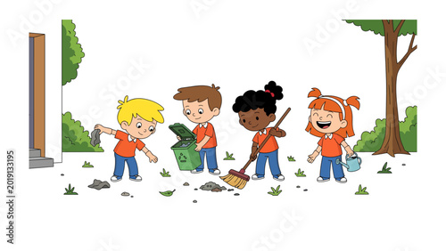 Photos Community Cleanup: A group of enthusiastic children actively participating in a community cleanup event, each contributing to a cleaner and greener environment