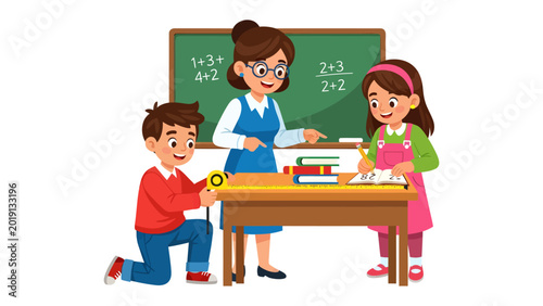 Quadro em tela Education in Action: A teacher guides two students at a desk, the blackboard filled with equations adding a scholastic touch to this delightful illustration, emphasizing learning and growth