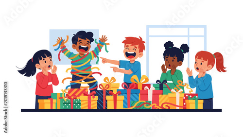 Fotografía Joyful Party: A group of children is in the midst of a festive celebration, their faces alight with glee as they unwrap presents, play games, and revel in the merriment of the occasion