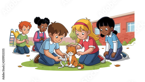 Quadro su tela Caring for Kitten: A group of children tenderly cares for a small injured kitten, demonstrating compassion and empathy in a scene of childhood kindness and care