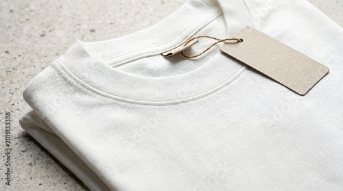фотографія Realistic macro photography of a folded blank white cotton t-shirt on a light granite surface, highlighting the high-quality fabric texture and a kraft paper hang tag attached to the collar