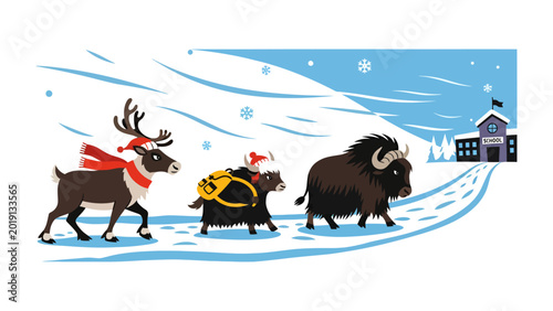 Canvastavla Festive Journey: A whimsical illustration of a festive group of animals, lead by a reindeer in a festive attire, trekking towards a building with snowflakes falling gently