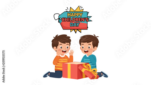 Schilderij op canvas A Joyful Celebration: Two young children share a moment of wonder and delight as they open a vibrant gift box, with a Happy Children's Day banner