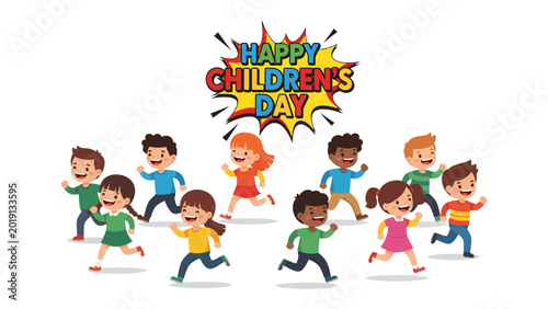 Canvas-taulu Joyful Run on Children's Day: A vibrant illustration of a group of children racing forward, capturing the spirit of Children's Day with energy and glee, set against a cheerful backdrop