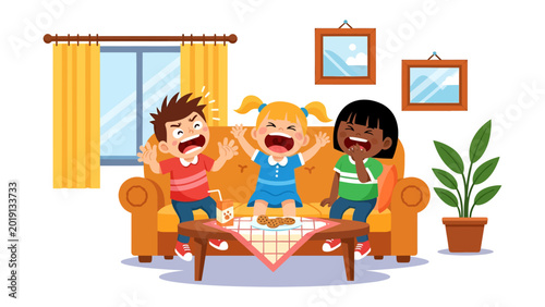 Fotografija Furious outburst among young Friends : A lively illustration depicts three young individuals experiencing extreme frustration, while seated on a comfortable couch in a home setting