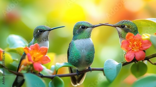 Three hummingbirds interact on a blooming branch, backlit by golden sunshine, bright colors