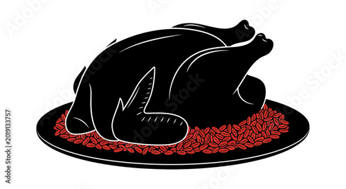 Black Silhouette of Roasted Chicken on Plate with Grains