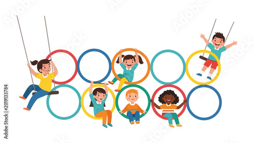 Canvas Print Joyful Aerial Gymnasts: A vibrant illustration showcases a group of children exuberantly swinging on colorful rings, embodying the spirit of youth and the joy of playful motion