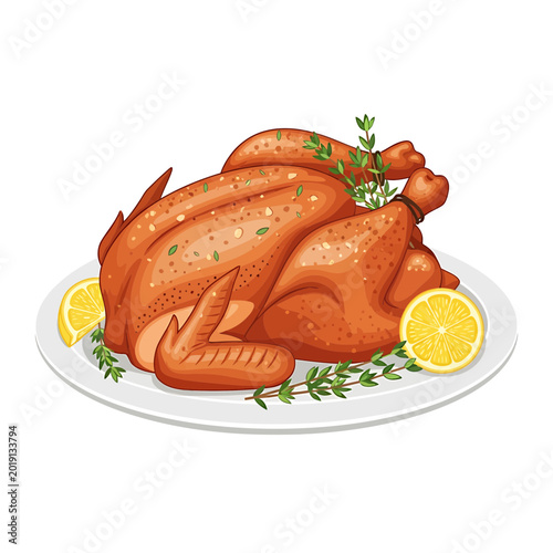 Whole Roasted Turkey with Lemon and Thyme on White Plate