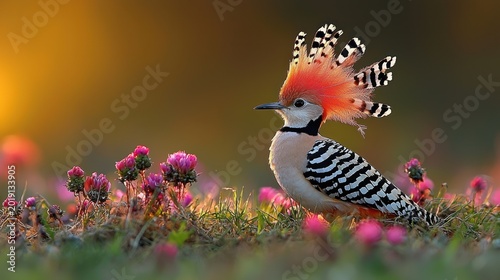 A striking Hoopoe bird with its patterned crest stands amidst vibrant wildflowers, illuminated by sunlight