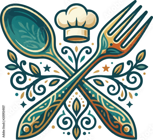 Vintage restaurant logo emblem with crossed spoon and fork, ornate culinary vector illustration with chef hat, decorative kitchen silverware icon