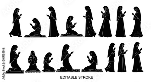 Foto Muslim women praying in various positions.