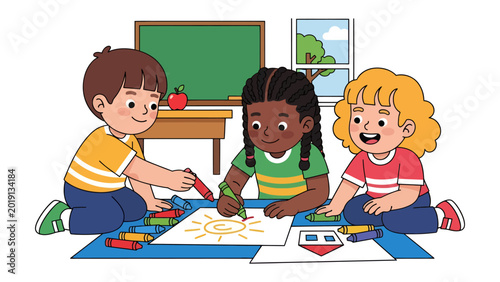 Creative Learning: A vibrant illustration showcasing three diverse children immersed in artistic expression, diligently drawing and coloring together, fostering creativity and a sense of shared joy.