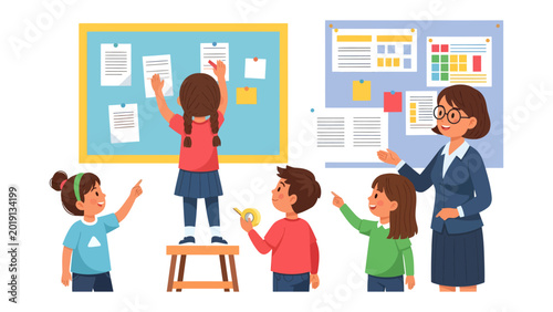 Bild auf Leinwand Learning Together: A heartwarming scene unfolds in a classroom, where children gather with their teacher around a cork board, filled with documents