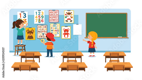 Фотография Classroom Setup: Animated illustration of children engaging in a classroom setting, showcasing elements related to education, learning, and the ambiance of a school
