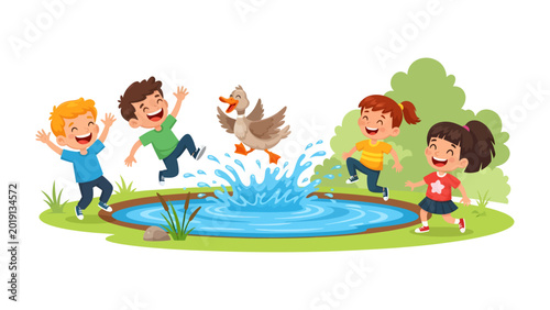 Cuadro en lienzo Childhood Delight: A heartwarming depiction of four children, gleefully splashing water in pond with a playful duck in a vibrant outdoor setting, capturing the essence of pure joy and friendship