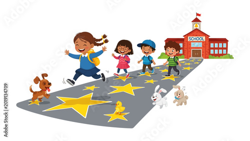 Fotografia Heading Towards the Education: Joyful children with playful pet dogs and bunnies, embarking on their scholastic journey, with a school in background