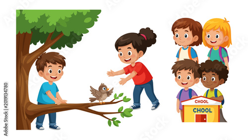 Tableau sur toile School Adventure: Capturing a sweet scene where a child, perched on a tree branch, interacts with a small bird, while classmates observe, and nearby, the school building waits