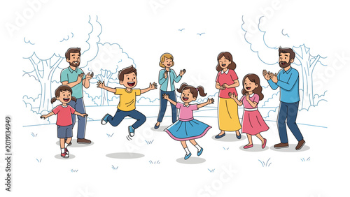 Slika na platnu Joyful Family Gathering in the Park: A heartwarming depiction of a family reveling in the outdoors, full of laughter and happy moment, with smiling faces and celebrating a fun-filled day in the park