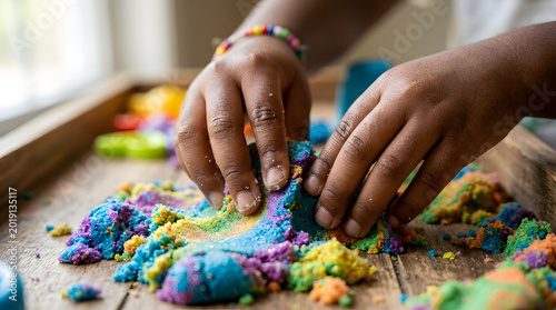 Close up of childs hands playing with colorful sensory magic sand on wooden table.
