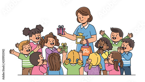 Canvastavla Teacher Giving Presents to Children: A caring educator, surrounded by eager young learners, extends wrapped presents, bringing smiles to the faces of delighted children
