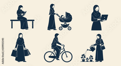 Photos Silhouette of woman in hijab various activities.