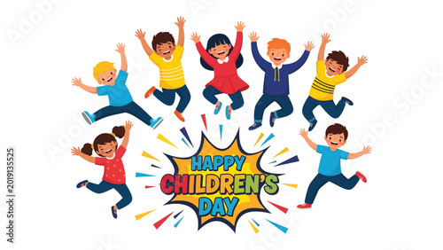 Tableau sur toile Joyful Children's Day: A vibrant illustration showcasing a diverse group of children leaping joyfully, symbolizing the essence of Children's Day, radiating happiness and youthful energy