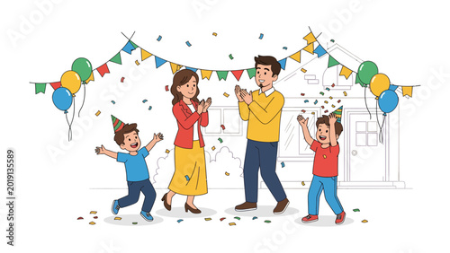 Fotografia Family Celebration: A joyous family revels in a lively celebration, amidst a vibrant shower of confetti and festive decorations