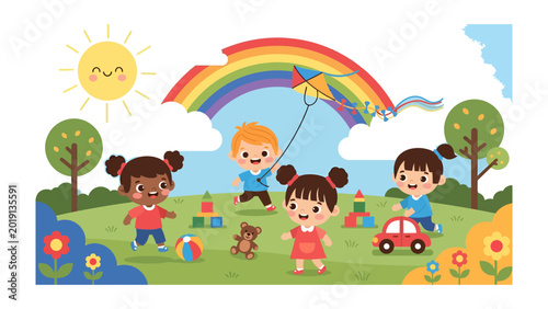 Foto Playful Day at the Park: A vibrant illustration showcasing happy children enjoying a fun-filled day at the park with a rainbow and a kite