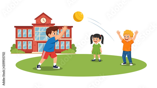 Photos Joyful School Day: A vibrant scene captures the essence of youthful exuberance as children engage in a spirited game of catch on a sunny school day