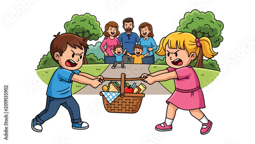 Obraz na plátně Picnic Basket Tug-of-War: Two children engage in a spirited tug-of-war over a picnic basket, while their family watches on