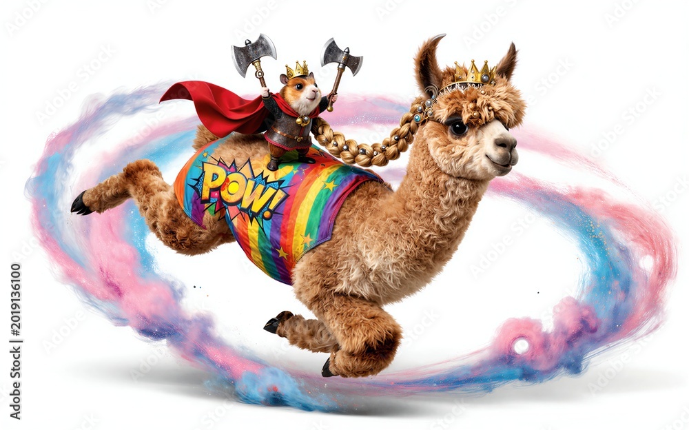 Fototapeta premium A crowned hamster rides a rainbow-costumed alpaca through colorful